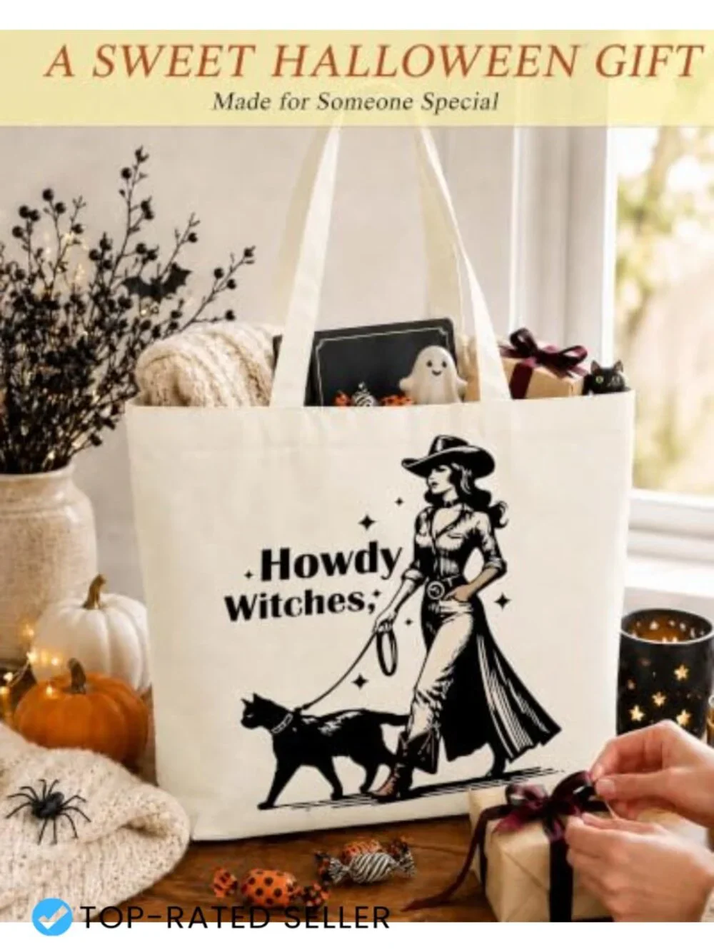 Halloween Boo Canvas Tote Bag for Women Spooky Print Reusable Shopping Book Bag